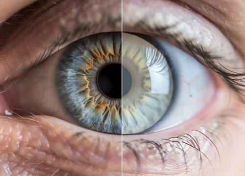 Before and after photos of a patient's eye with a cataract