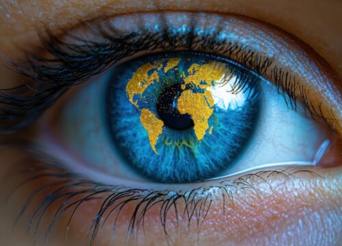 Global vision reflected in an eye