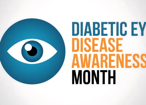 Diabetic Eye Disease Awareness Month graphic with a cartoon eye